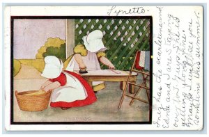 1907 Girls Maid Bonnet Ironing Day Basket Sioux City Iowa IA Antique Postcard