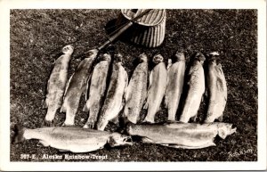 Real Photo Postcard Alaska Rainbow Trout Fishing Catch Basket Pole Rod Reel