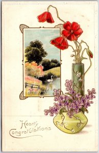 Hearty Congratulations Duck In River Red Purple Flowers Green Vase Postcard