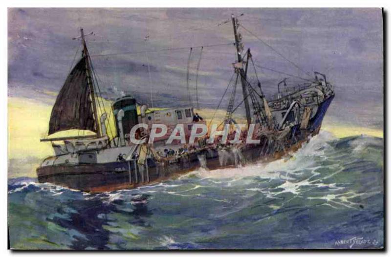 Postcard Old Fishing Boat large fishing trawler picking up his trawl Sebille