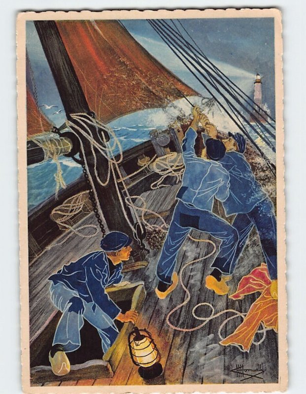 Postcard Sailors Rigging Sails Ar Men Lighthouse Brittany France