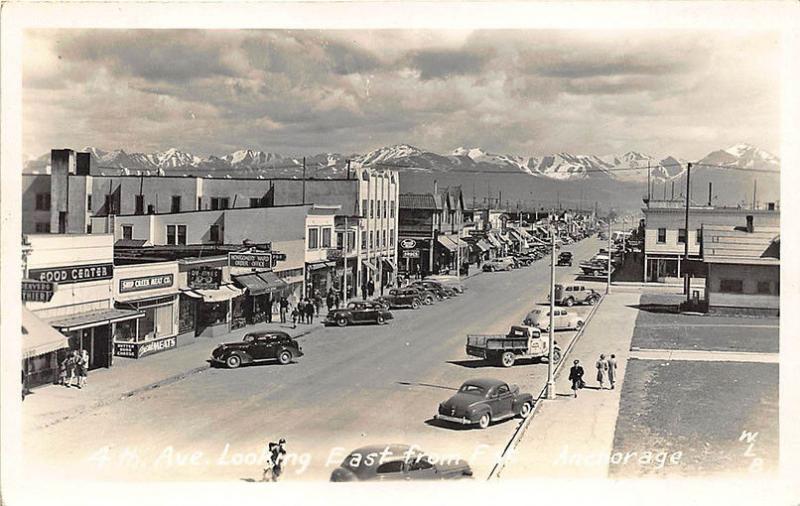 Anchorage AK Street View Store Fronts Old Cars Trucks RPPC Postcard