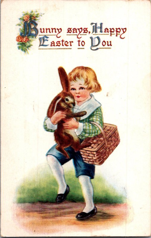 Cute little boy with adorable brown bunny & basket Easter vtg postcard