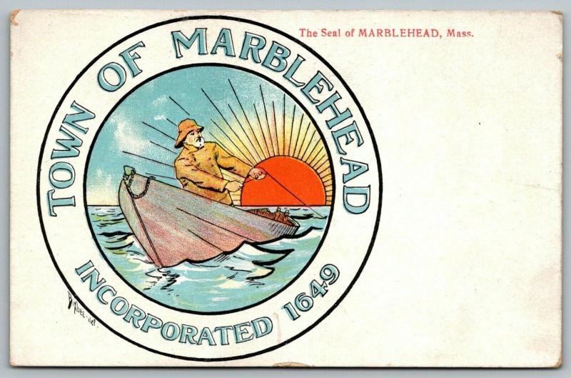 Marblehead Massachusetts~Town Seal~Sea Salt Fisherman~Sunrise~Artist Bixbee~1910 