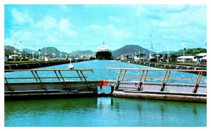 Modern super cargo ship entering Miraflores Locks Panama Canal Boat Postcard