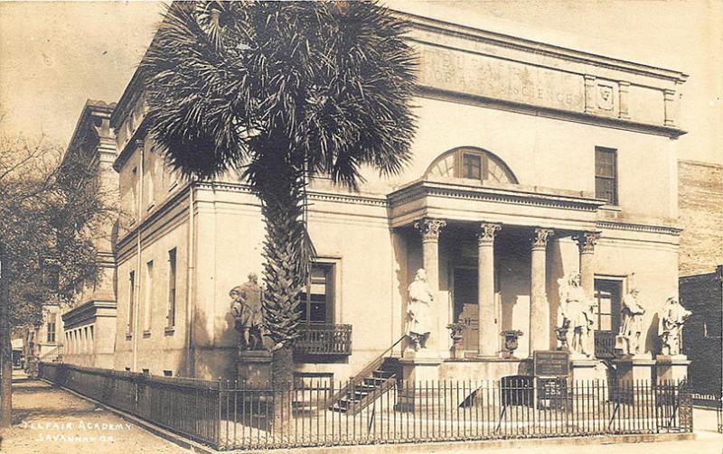 Savannah GA Telfair Academy Statues Iron Fence, Foltz Studio RPPC Postcard