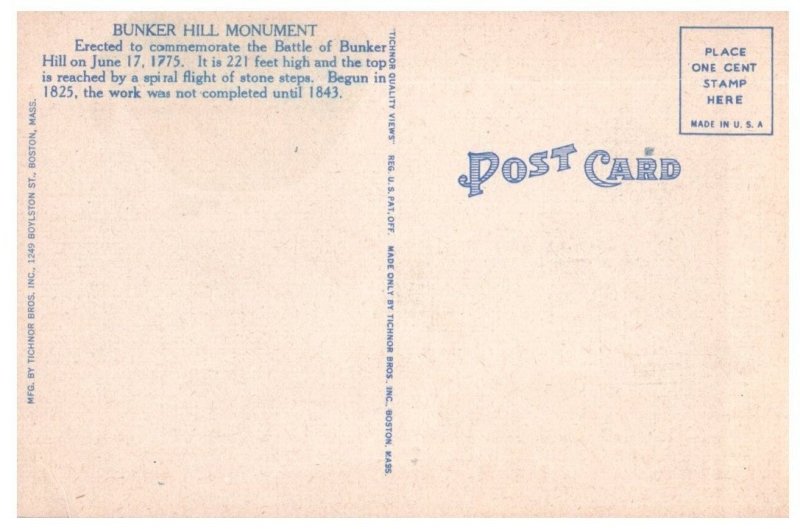 Bunker Hill Monument Erected 1825-1843 Charlestown Massachusetts Postcard