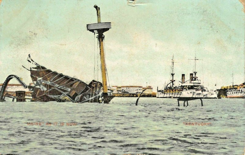 THE USS MAINE BATTLESHIP SUNK REMAINS IN HAVANA CUBA HARBOUR-1900s POSTCARD