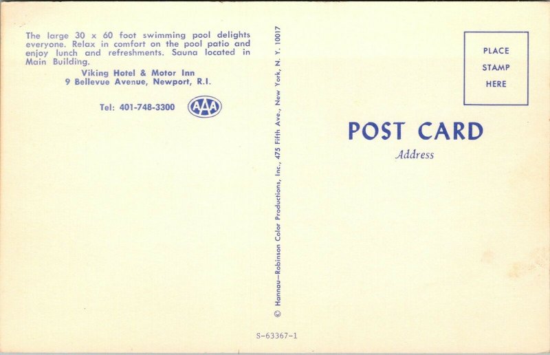 Vtg Newport Rhode Island RI Viking Hotel & Motor Inn Swimming Pool Postcard 