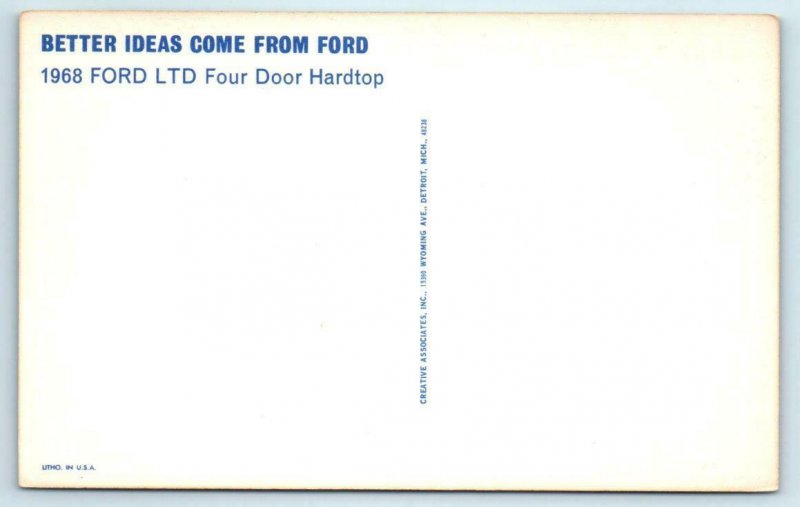 Car Advertising 1968 FORD LTD 4 Door Hardtop  Automobile Postcard
