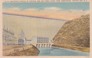 North Carolina Architect's Sketch Of Fontana Dam & Power House From Down...