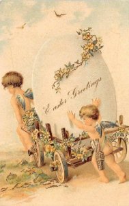 Easter Greetings Angels Egg Cupid c1910s Embossed PFB Vintage Postcard