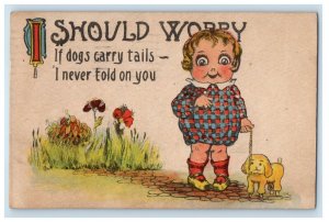 1913 Cute Little Girl With Toy Dog Flowers Joliet Illinois IL Antique Postcard 