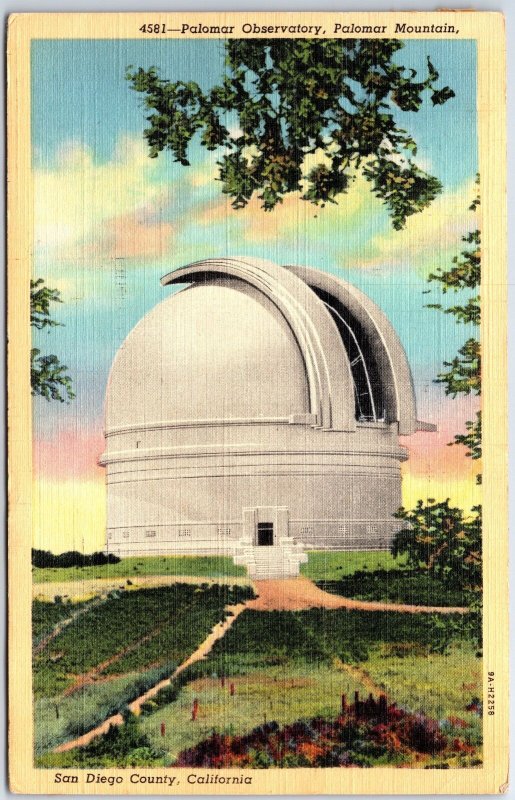 VINTAGE POSTCARD THE OBSERVATORY AND TELESCOPE AT PALOMAR MT. rear faults