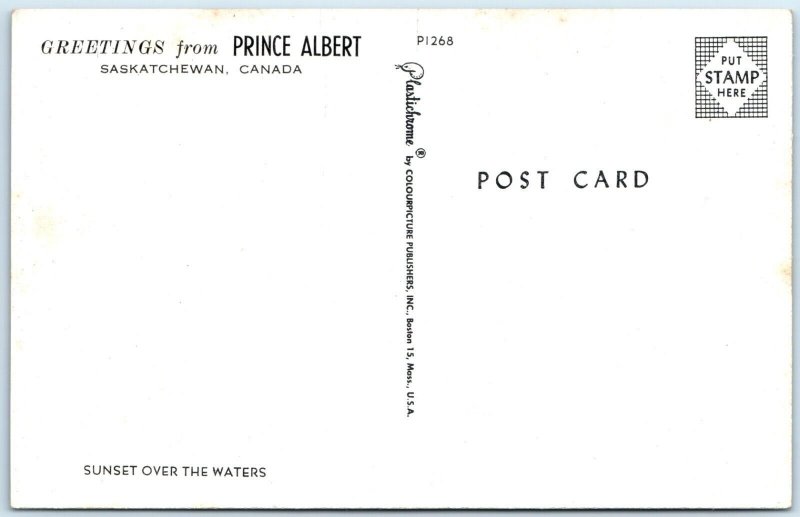 c1960s Prince Albert, Saskatchewan, Canada Greetings Postcard Sunset Waters A74