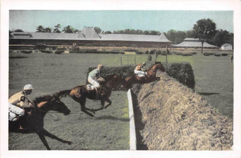 New York   Saratoga Springs   Steeplechasers approaching a jump