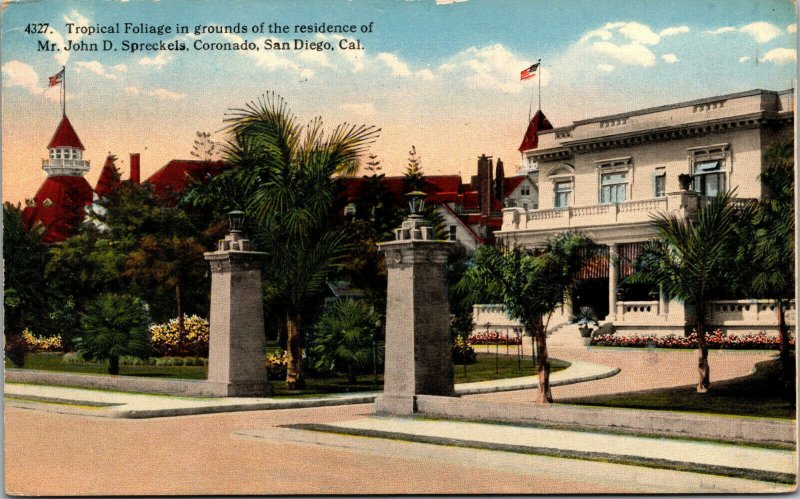 Vtg 1910's Residence Mr John D Spreckels Coronado Beach California CA Postcard