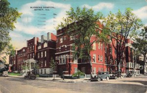 c.'37, Blessing Hospital, Great Looking Old Cars, Msg, Quincy, IL, Old Post Card