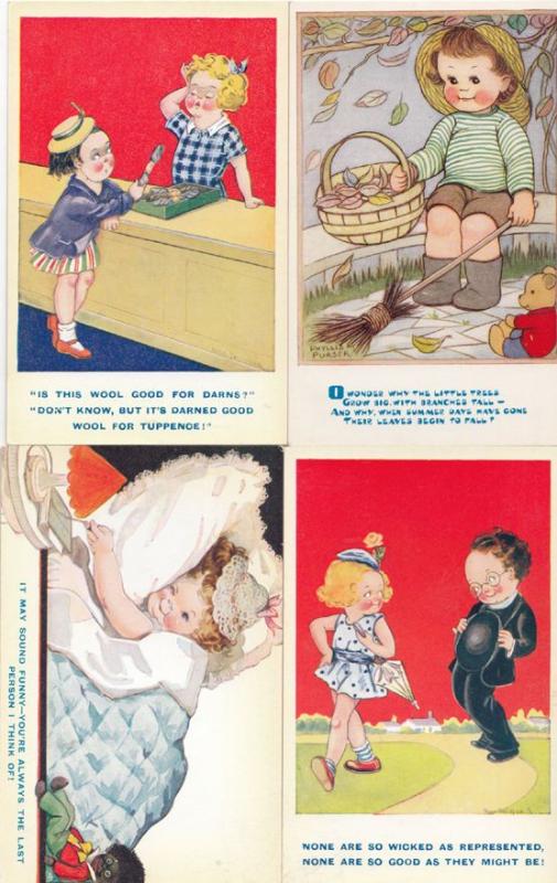 Boy Sweeping Broomstick Cosy Bed Child Vicar & MORE 4x Cute Comic Old Postcard s