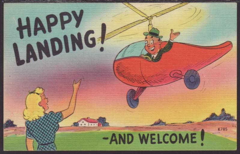 Happy Landing and Welcome,Man Flying Helicoptor,Comic