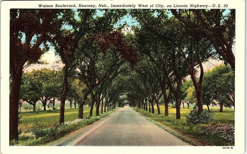 1940s Kearney Nebraska Watson Boulevard Lincoln Hwy U.S. 30 Linen Postcard 13-10