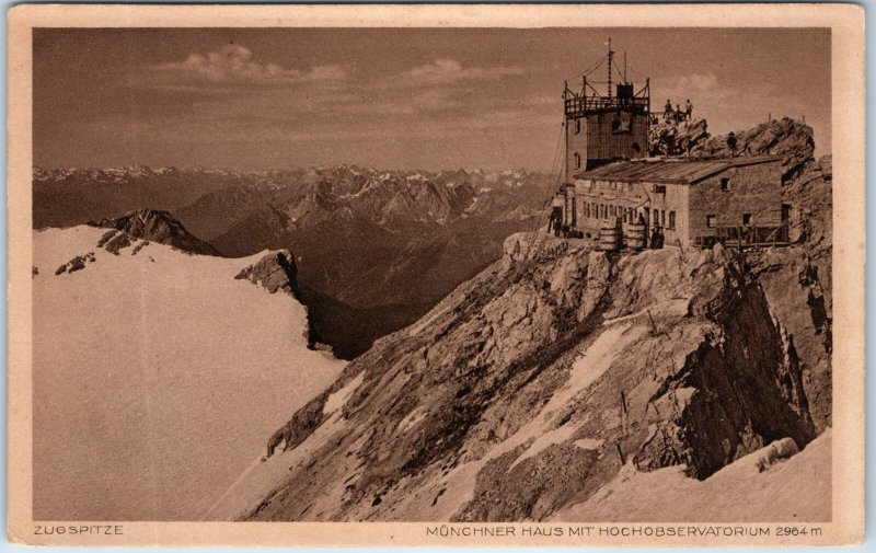 c1930s Zugspitze Germany Postcard Munchner Haus Observatory Mountain Peak Alps