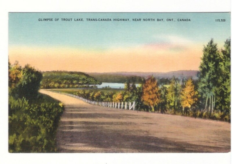 Trout Lake, Trans Canada Highway, Near North Bay, ON, Vintage Linen Postcard