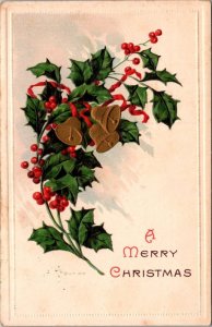 Merry Christmas Gold With Gold Bells and Holly 1910