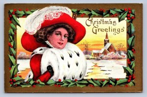 J92/ Merry Christmas Holiday Postcard c1910 Pretty Woman Muff 240