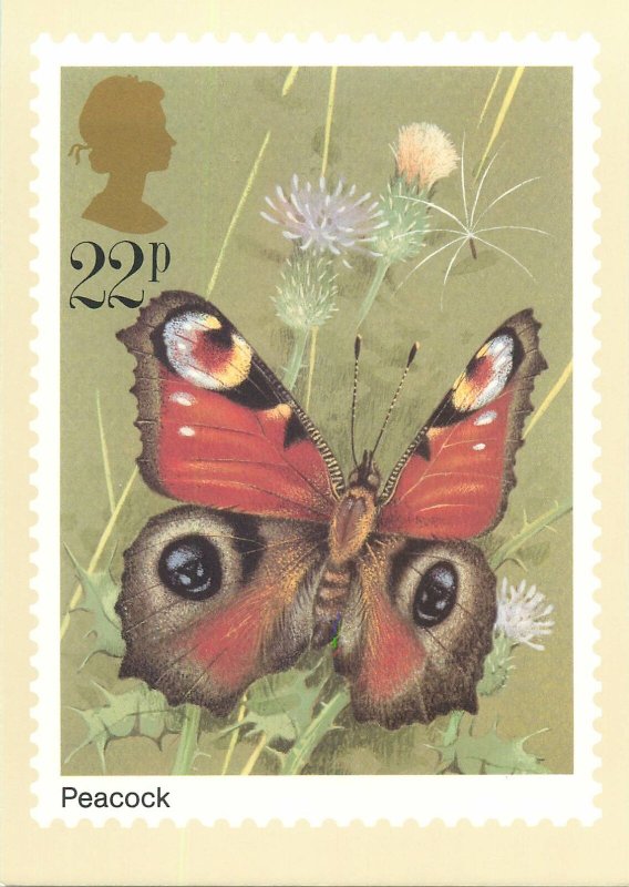 British stamp on Postcard Butterflies Peacock by Gordon Beningfield