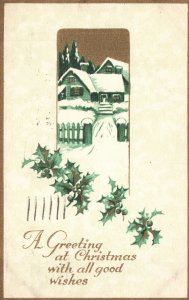 A Greeting at Christmas with all Good Wishes Snow Holly Antique Postcard 1919