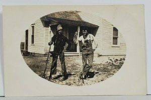 RPPC Two Farmers Posing With Pitch Forks Masked Border Real Photo Postcard P9