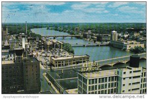 Illinois Rockford Aerial View Of Business Section And Rock River Bridges As S...