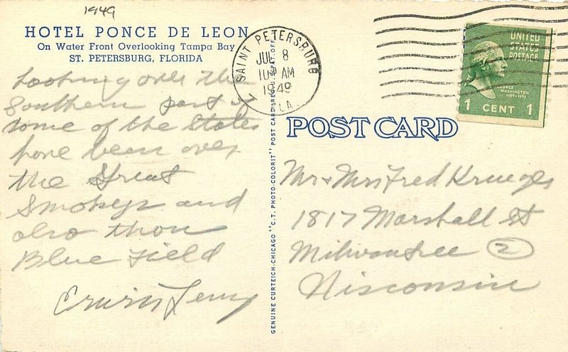 Postcard 1949 Florida St. Petersburg Hotel Ponce De Leon occupation FL24-1854