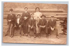 Vintage 1910's RPPC Postcard Landscape Group of Men Suits Hats Sitting Posing