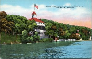 postcard Burlington, Wisconsin - Shore Line, Liggett Antlers, Browns Lake resort