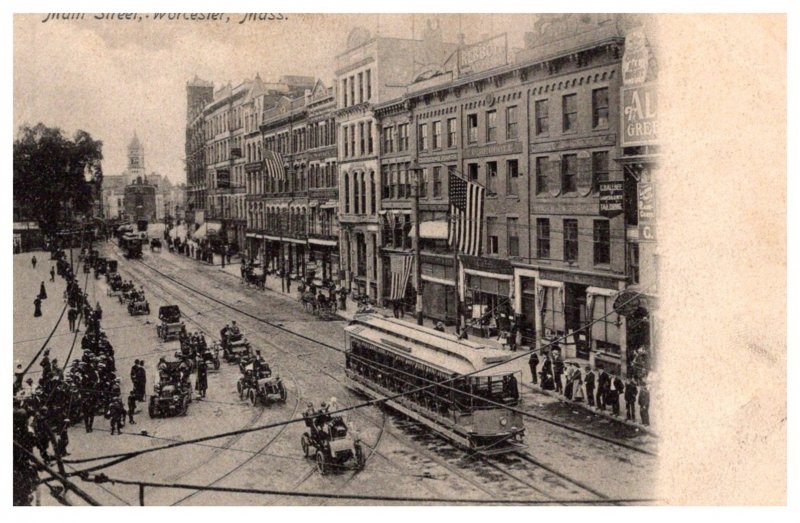 Massachusetts  Worcester Main street  , Trolley, antique cars