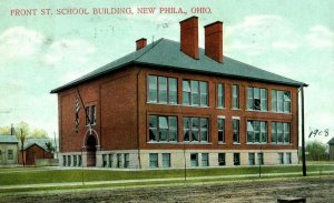 Circa 1910 Front St. School Building-New Phila.,OH Blue Sky Colorized P19