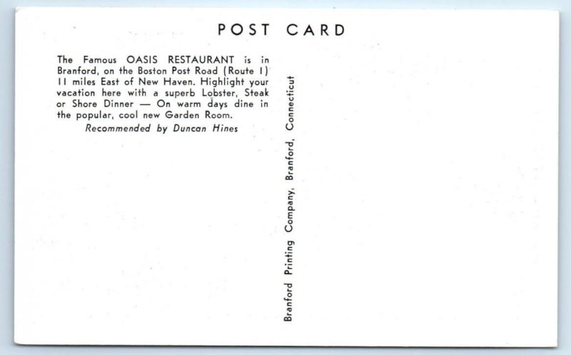 BRANFORD, CT Connecticut ~ OASIS RESTAURANT c1940s Roadside Postcard