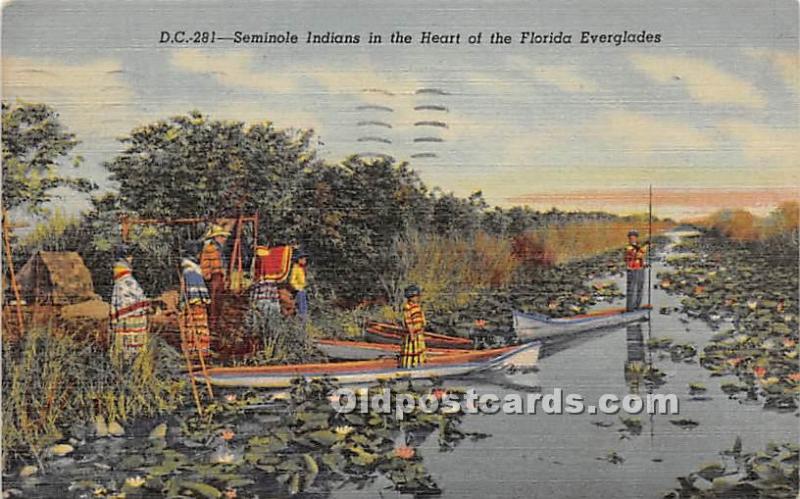 Seminole Indians Florida Everglades, FL, USA Indian 1952 light postal marking...