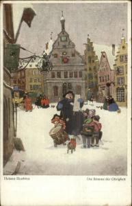 Helmut Skarbine Children Surround Town Crier Winter Village c1910 Postcard