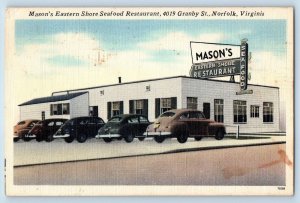 Norfolk Virginia Postcard Mason's Eastern Shore Seafood Restaurant c1940s Cars