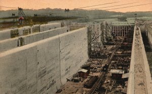 Vintage Postcard Lower Gatun Lock Entrance To Canal Three Double Locks Panama