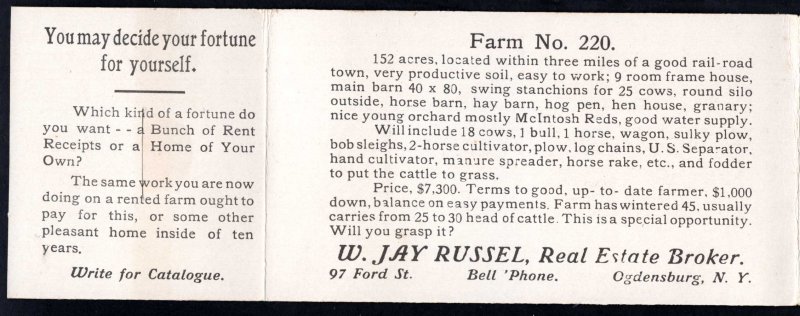 NY OGDENSBURG ADVERTISING Brochure W. Jay Russell, Real Estate Broker Farm 1913