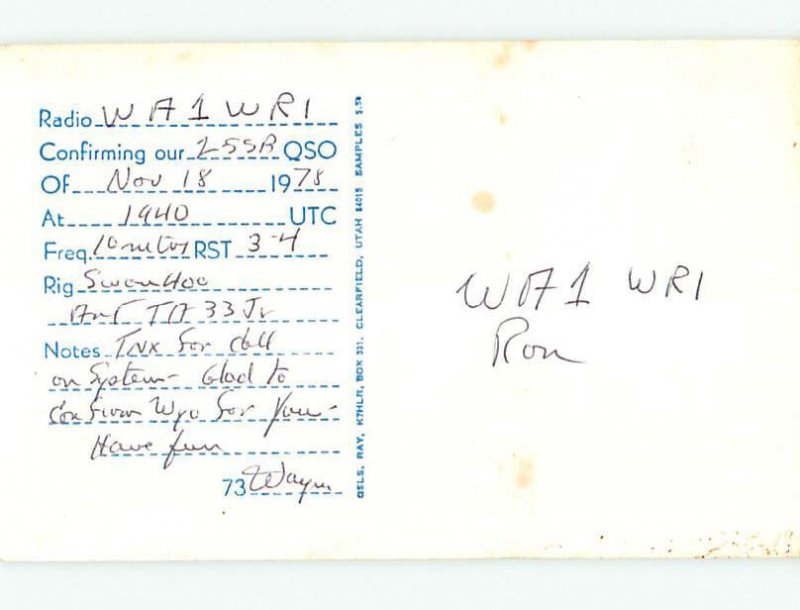 Pre-1980 RADIO CARD - CB HAM OR QSL Evanston Wyoming WY AH2540