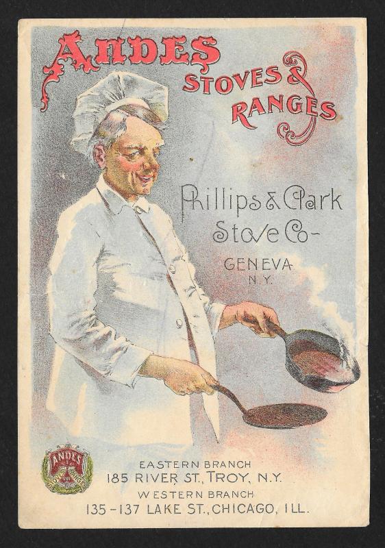 VICTORIAN TRADE CARD Andes Stoves & Ranges Man Chef & Frying Pan c/late 1800s