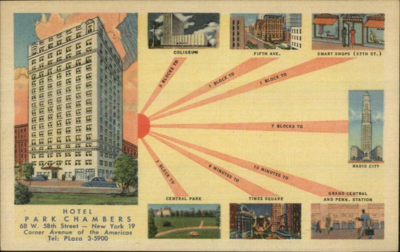 New York City Hotel Park Chambers Multi View NICE LINEN Postcard