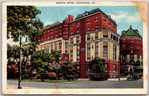 Savannah Georgia GA, 1937 Desoto Hotel, Roadway, Street, Trees, Vintage Postcard