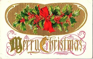 Merry Christmas Holly Red Bow Floral Antique Ohio Posted Early 1900s Postcard