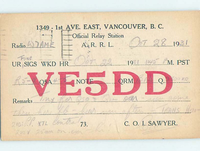 1930s QSL RADIO CARD Vancouver British Columbia BC AH3158